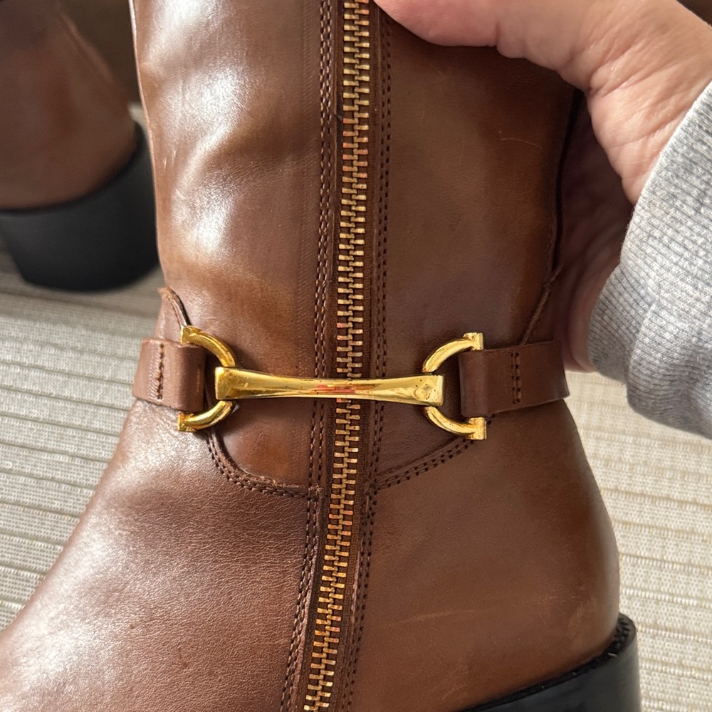 Women's Tall Brown Leather Heeled Riding Boots with Side Zip - Picture 4 of 7